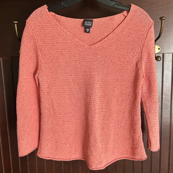 EILEEN FISHER Silk Knit V-Neck Sweater 3/4 Sleeve Quiet Luxury Parisian Coral M - Picture 3 of 9